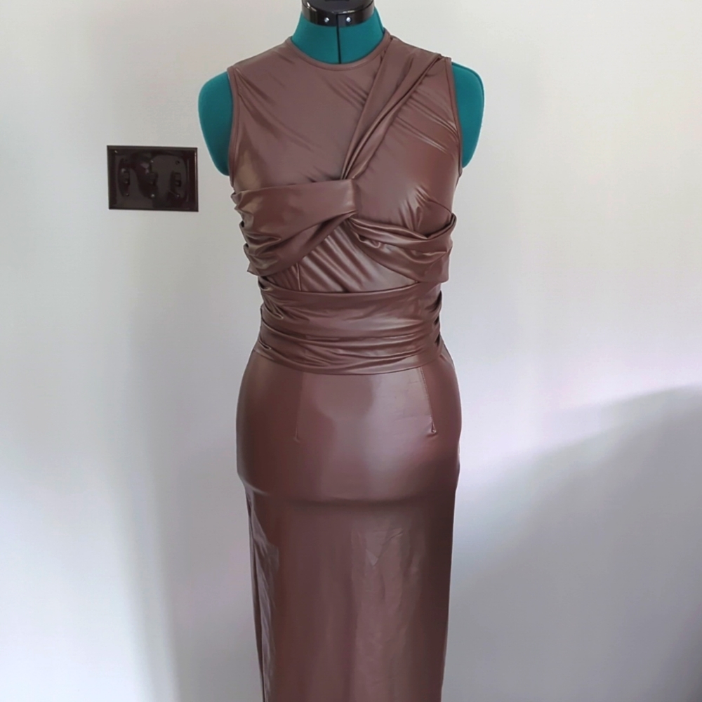 Brown PU Leather dress Size S New Kim K inspo